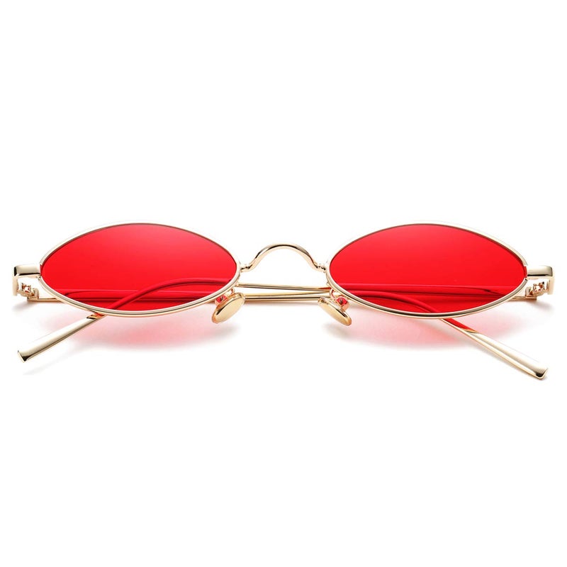 COASION Vintage Small Oval Aesthetic Sunglasses Retro for Women Men Hippie Cool Metal Frame Sun Glasses (Gold Frame/Red Lens) - Image 1